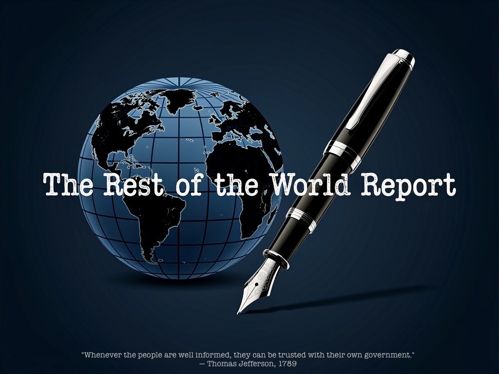 Rest of the World Report background image with a fountain pen and stylized globe on a deep blue background. “Whenever the people are well informed, they can be trusted with their own government.” — Thomas Jefferson, 1789